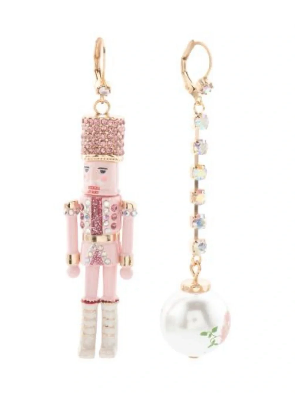Betsey Johnson Pink Nutcracker Pearl Mismatched Christmas Earrings Bling